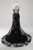 Black Mermaid Spaghetti Straps Appliqued Long Prom Dress With Sequins
