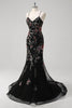 Load image into Gallery viewer, Black Mermaid Spaghetti Straps Appliqued Long Prom Dress With Sequins