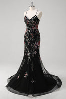 Black Mermaid Spaghetti Straps Appliqued Long Prom Dress With Sequins