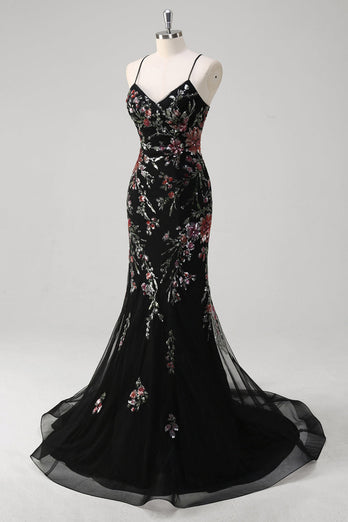 Black Mermaid Spaghetti Straps Appliqued Long Prom Dress With Sequins