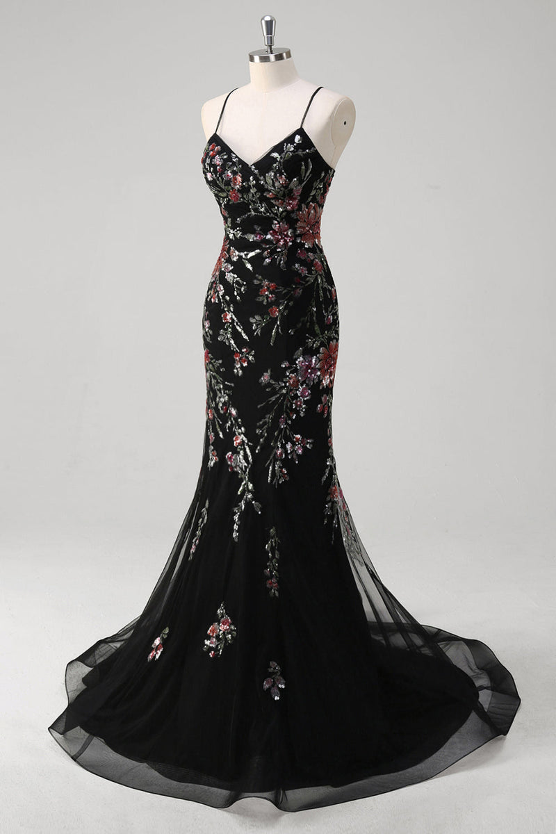 Load image into Gallery viewer, Black Mermaid Spaghetti Straps Appliqued Long Prom Dress With Sequins