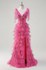 Load image into Gallery viewer, Fuchsia A Line Ruffle V-Neck Tiered Floral Prom Dress with Slit