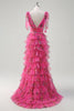 Load image into Gallery viewer, Fuchsia A Line Ruffle V-Neck Tiered Floral Prom Dress with Slit