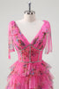 Load image into Gallery viewer, Fuchsia A Line Ruffle V-Neck Tiered Floral Prom Dress with Slit