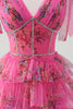 Load image into Gallery viewer, Fuchsia A Line Ruffle V-Neck Tiered Floral Prom Dress with Slit