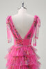 Load image into Gallery viewer, Fuchsia A Line Ruffle V-Neck Tiered Floral Prom Dress with Slit