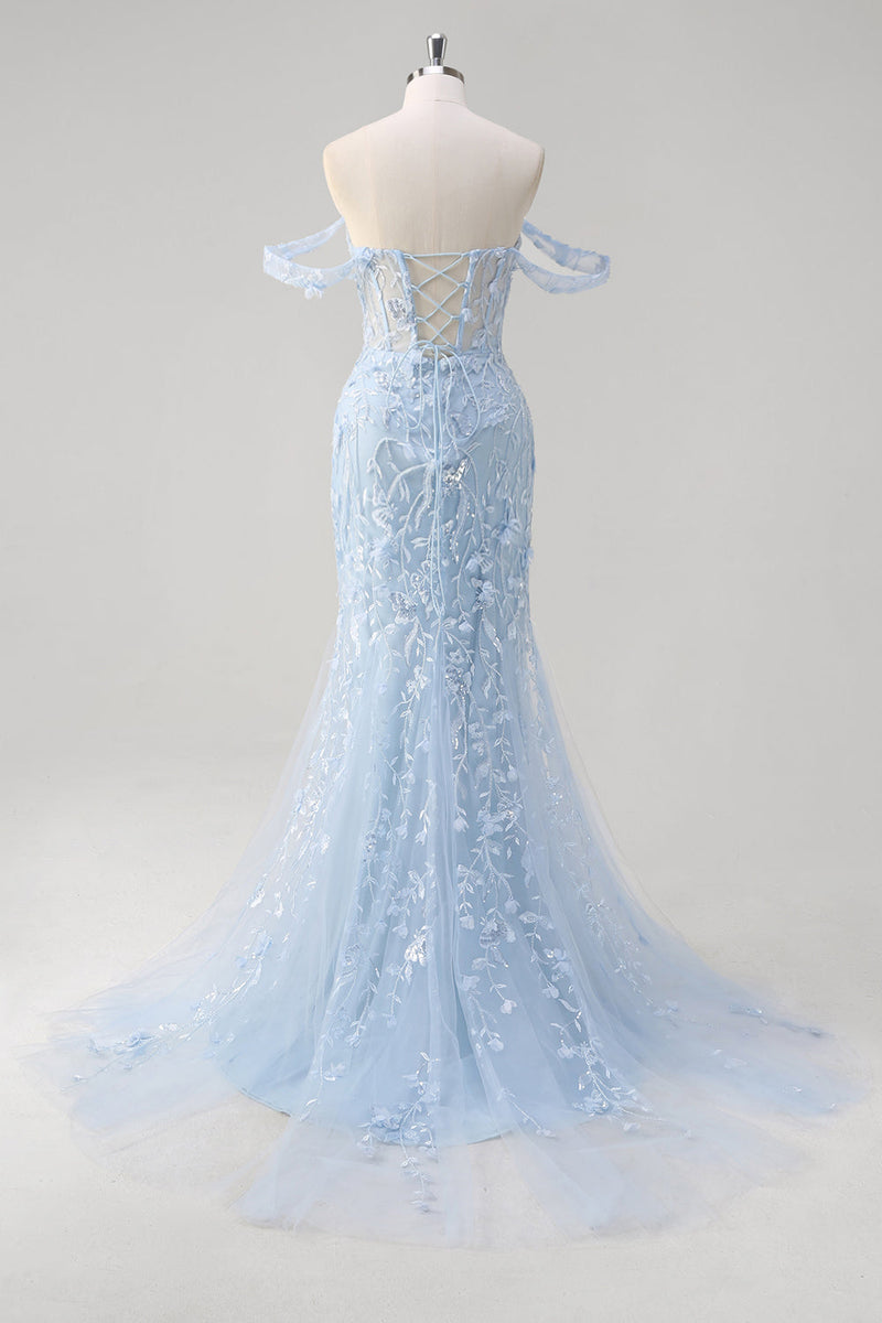 Load image into Gallery viewer, Blue Mermaid Off the Shoulder Sequin Floral Corset Prom Dress