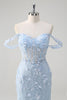 Load image into Gallery viewer, Blue Mermaid Off the Shoulder Sequin Floral Corset Prom Dress