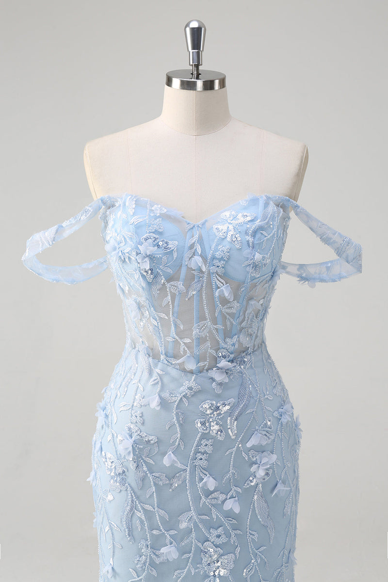 Load image into Gallery viewer, Blue Mermaid Off the Shoulder Sequin Floral Corset Prom Dress