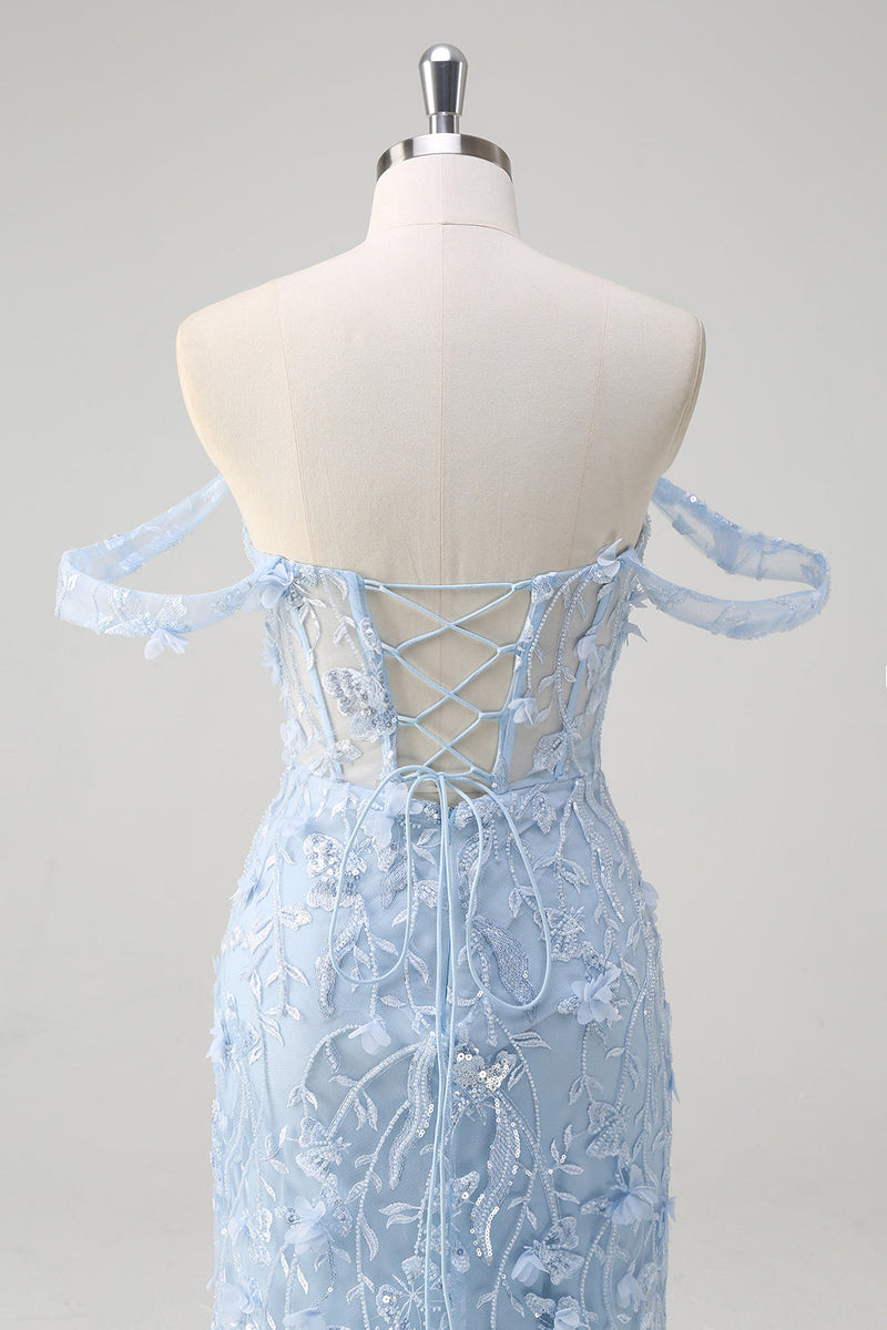 Load image into Gallery viewer, Blue Mermaid Off the Shoulder Sequin Floral Corset Prom Dress