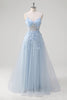 Load image into Gallery viewer, A Line Tulle Spaghetti Straps Corset Applique Blue Prom Dress with Slit