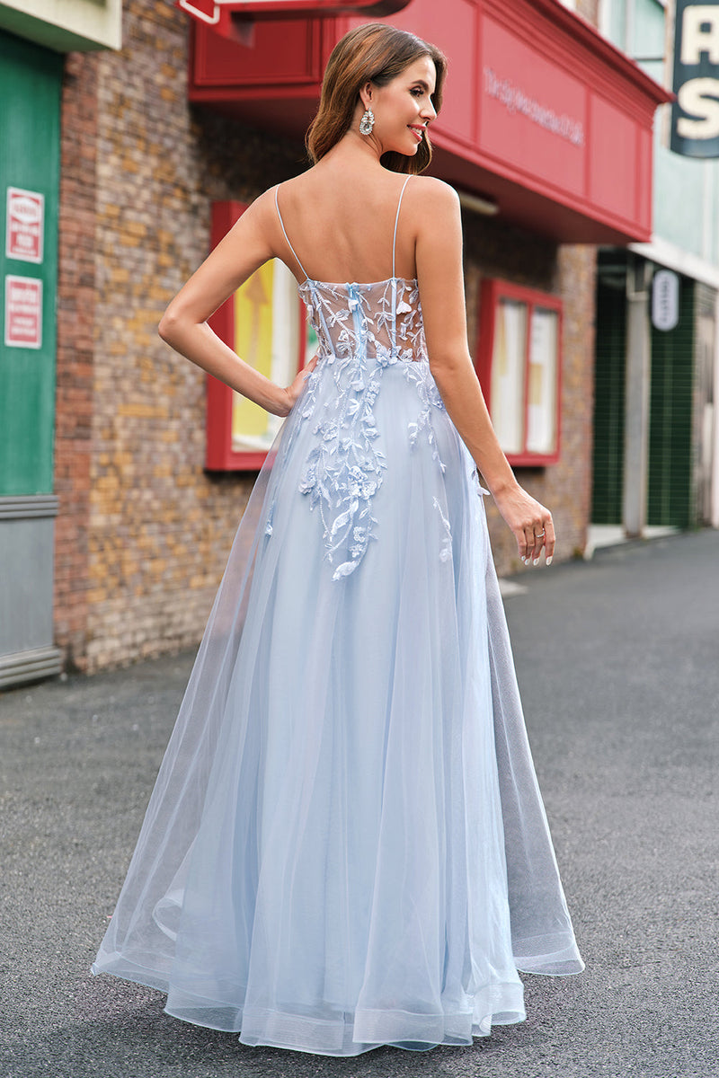 Load image into Gallery viewer, A Line Tulle Spaghetti Straps Corset Applique Blue Prom Dress with Slit