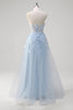 Load image into Gallery viewer, A Line Tulle Spaghetti Straps Corset Applique Blue Prom Dress with Slit