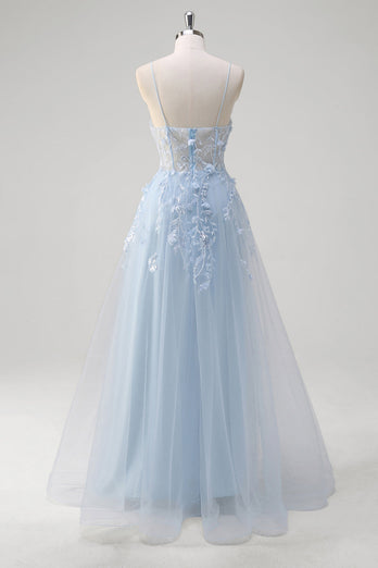 A Line Tulle Spaghetti Straps Corset Applique Blue Prom Dress with Slit