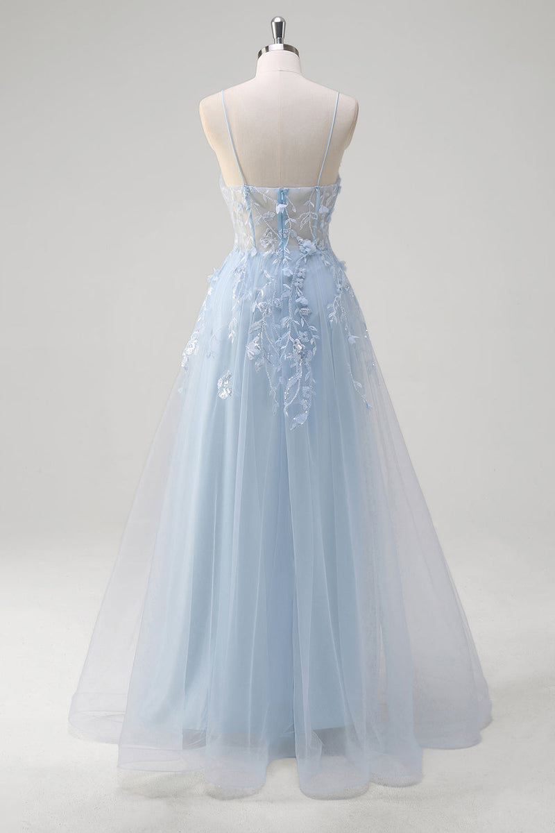 Load image into Gallery viewer, A Line Tulle Spaghetti Straps Corset Applique Blue Prom Dress with Slit