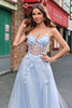 Load image into Gallery viewer, A Line Tulle Spaghetti Straps Corset Applique Blue Prom Dress with Slit