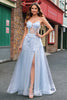 Load image into Gallery viewer, A Line Tulle Spaghetti Straps Corset Applique Blue Prom Dress with Slit