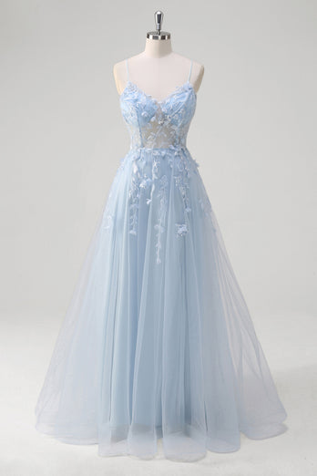 Blue A Line Spaghetti Straps Appliqued Corset Long Prom Dress With Tulle