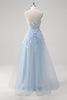 Load image into Gallery viewer, Blue A Line Spaghetti Straps Appliqued Corset Long Prom Dress With Tulle