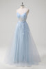 Load image into Gallery viewer, Blue A Line Spaghetti Straps Appliqued Corset Long Prom Dress With Tulle