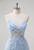 Load image into Gallery viewer, Blue A Line Spaghetti Straps Appliqued Corset Long Prom Dress With Tulle