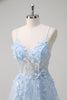 Load image into Gallery viewer, Blue A Line Spaghetti Straps Appliqued Corset Long Prom Dress With Tulle