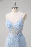 Blue A Line Spaghetti Straps Appliqued Corset Long Prom Dress With Tulle