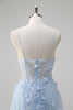 Load image into Gallery viewer, Blue A Line Spaghetti Straps Appliqued Corset Long Prom Dress With Tulle