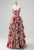 Load image into Gallery viewer, A Line Tiered Grey Pink Spaghetti Straps Floral Long Prom Dress