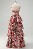 Load image into Gallery viewer, A Line Tiered Grey Pink Spaghetti Straps Floral Long Prom Dress