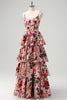 Load image into Gallery viewer, A Line Tiered Grey Pink Spaghetti Straps Floral Long Prom Dress