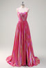 Load image into Gallery viewer, Fuchsia A-Line Spaghetti Straps Metallic Pleated Long Prom Dress with Slit