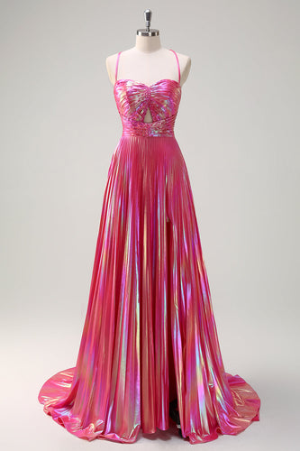 Fuchsia A-Line Spaghetti Straps Metallic Pleated Long Prom Dress with Slit