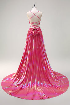 Fuchsia A-Line Spaghetti Straps Metallic Pleated Long Prom Dress with Slit