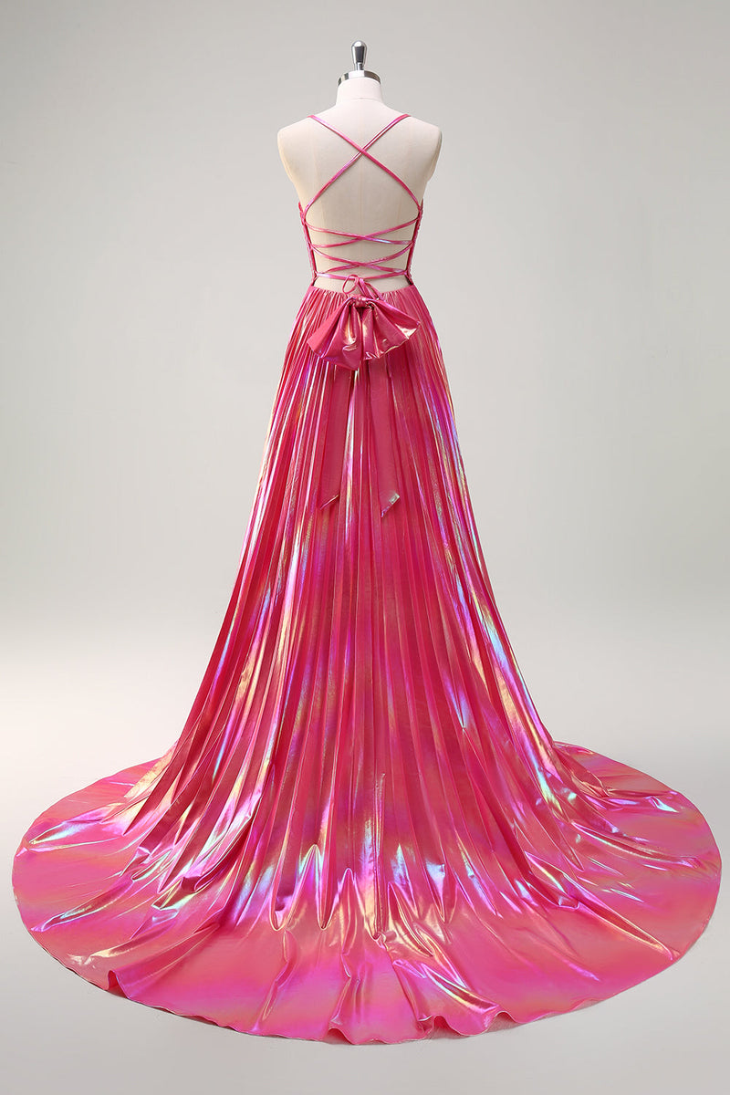 Load image into Gallery viewer, Fuchsia A-Line Spaghetti Straps Metallic Pleated Long Prom Dress with Slit