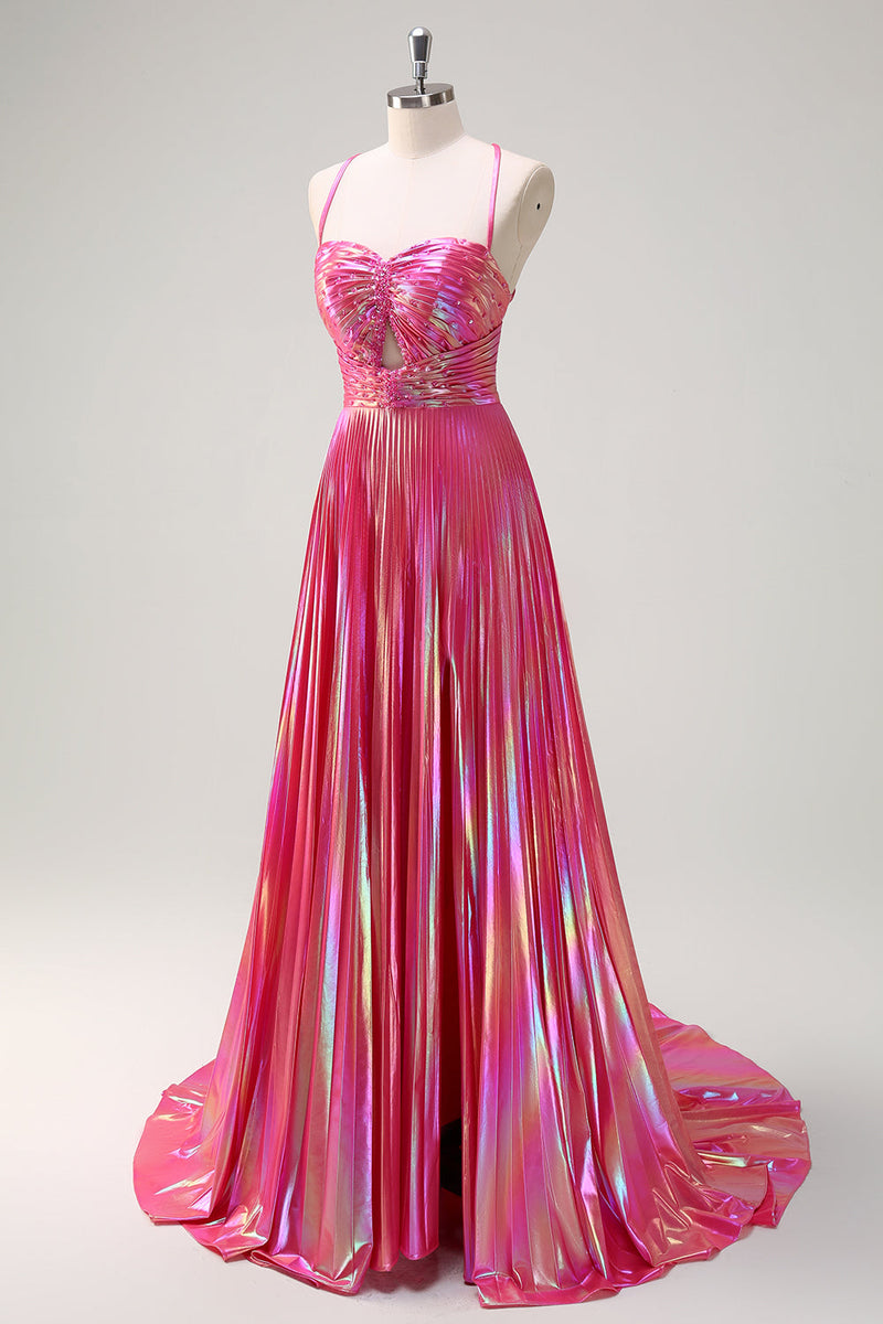 Load image into Gallery viewer, Fuchsia A-Line Spaghetti Straps Metallic Pleated Long Prom Dress with Slit