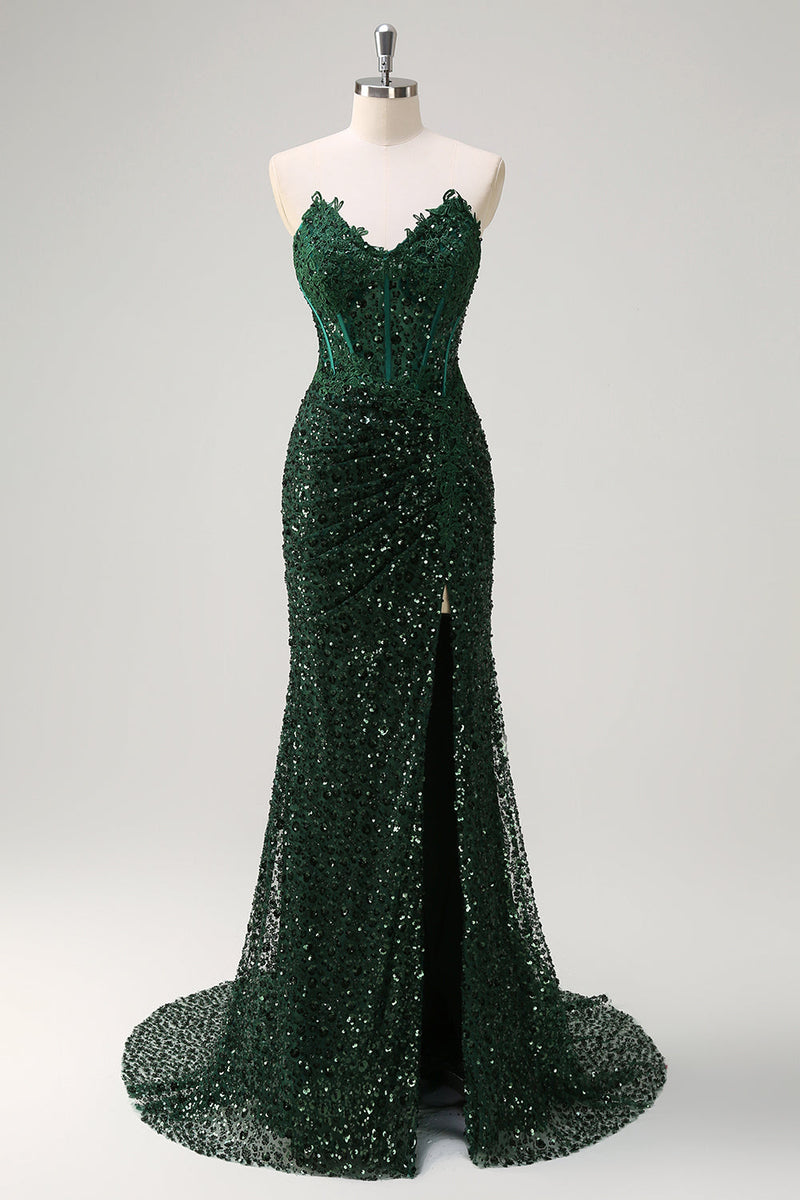 Load image into Gallery viewer, Sparkly Mermaid Sweetheart Dark Green Corset Sequins Lace Prom Dress with Slit