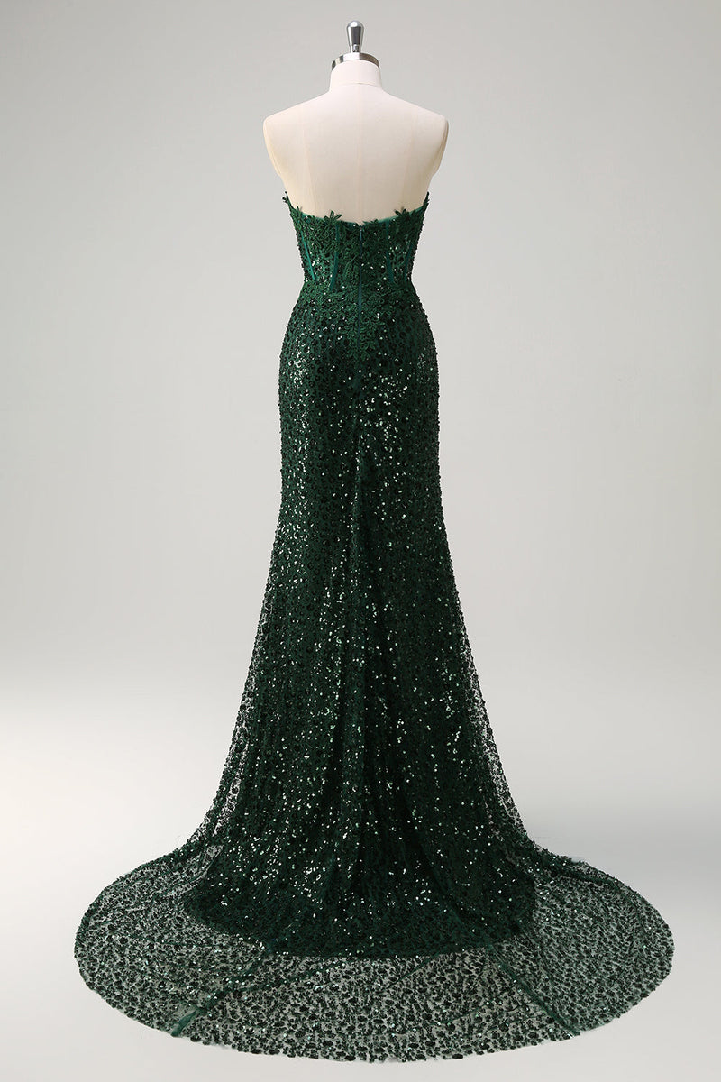 Load image into Gallery viewer, Sparkly Mermaid Sweetheart Dark Green Corset Sequins Lace Prom Dress with Slit