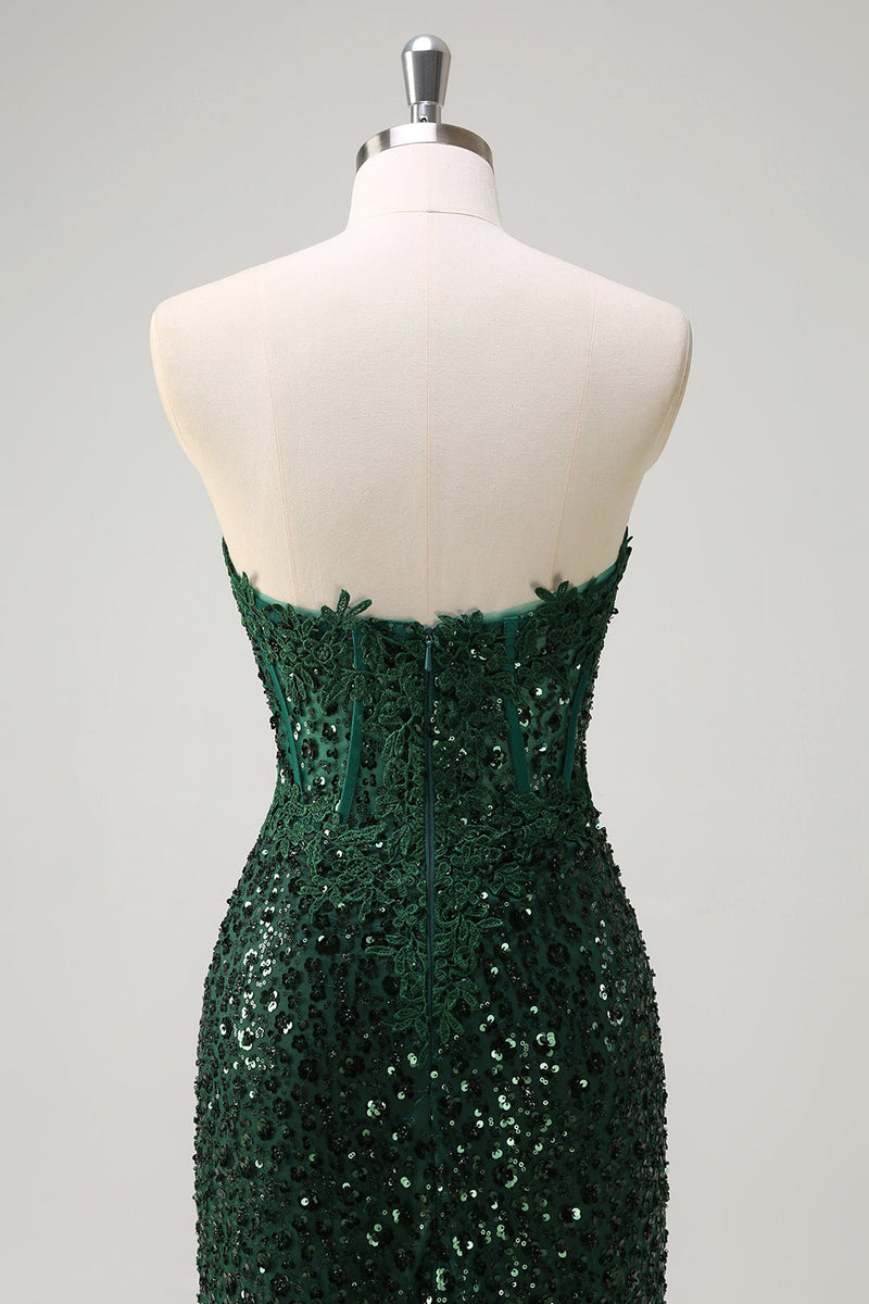 Load image into Gallery viewer, Sparkly Mermaid Sweetheart Dark Green Corset Sequins Lace Prom Dress with Slit