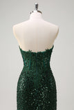 Sparkly Mermaid Sweetheart Dark Green Corset Sequins Lace Prom Dress with Slit