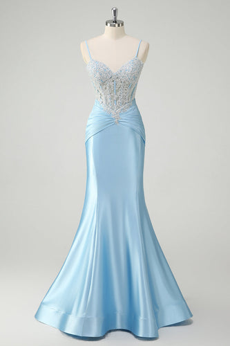 Blue Mermaid Spaghetti Straps Corset Appliqued Prom Dress