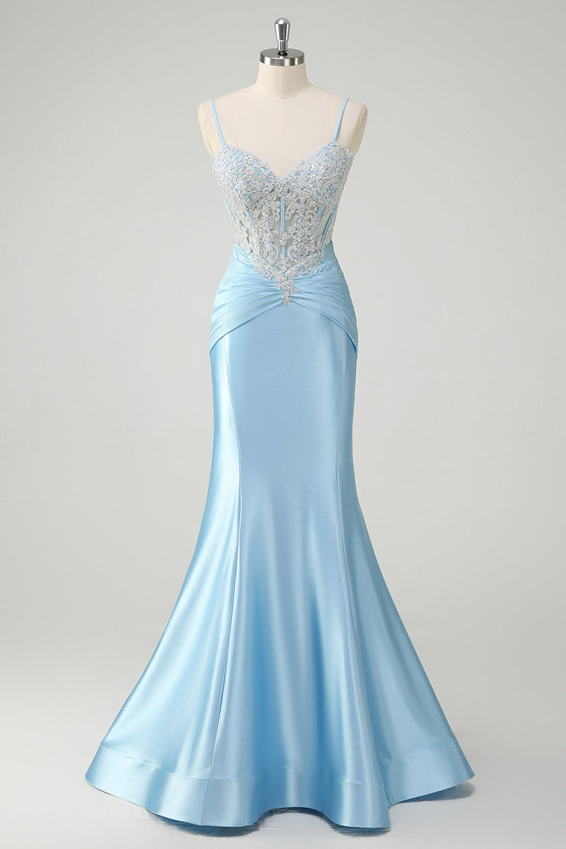 Load image into Gallery viewer, Blue Mermaid Spaghetti Straps Corset Appliqued Prom Dress