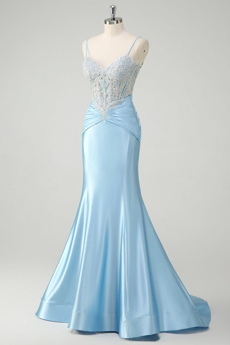 Load image into Gallery viewer, Blue Mermaid Spaghetti Straps Corset Appliqued Prom Dress