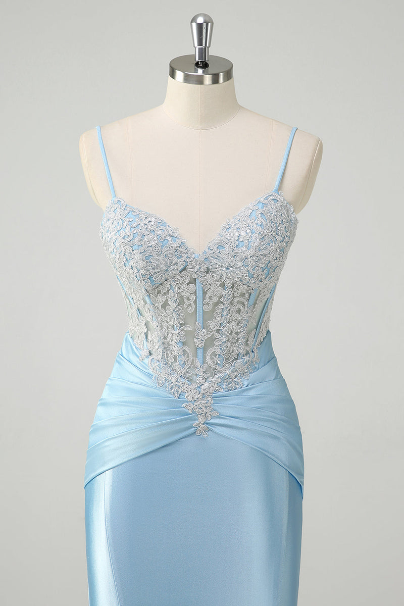 Load image into Gallery viewer, Blue Mermaid Spaghetti Straps Corset Appliqued Prom Dress