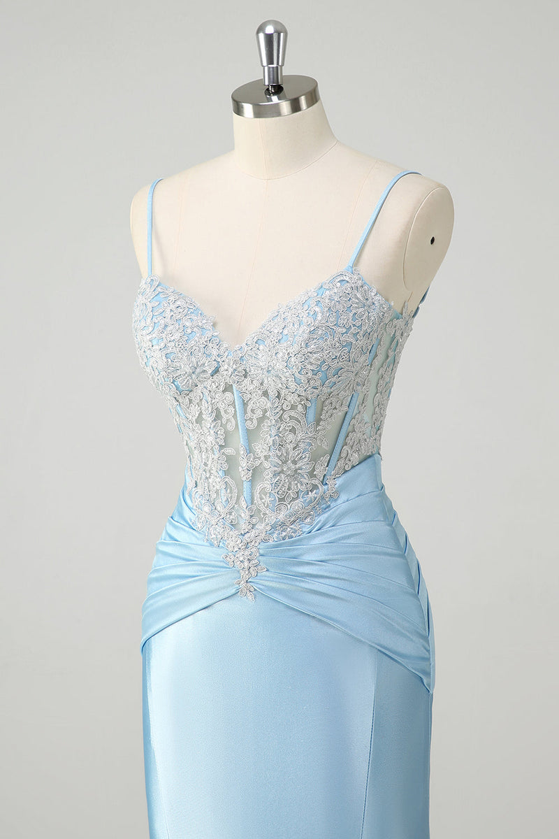 Load image into Gallery viewer, Blue Mermaid Spaghetti Straps Corset Appliqued Prom Dress