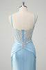 Load image into Gallery viewer, Blue Mermaid Spaghetti Straps Corset Appliqued Prom Dress