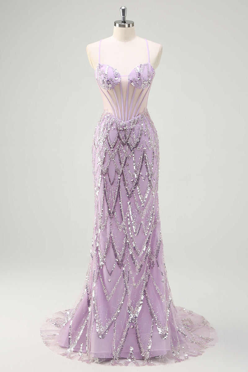 Load image into Gallery viewer, Lilac Mermaid Spaghetti Straps Corset Sequin Long Prom Dress