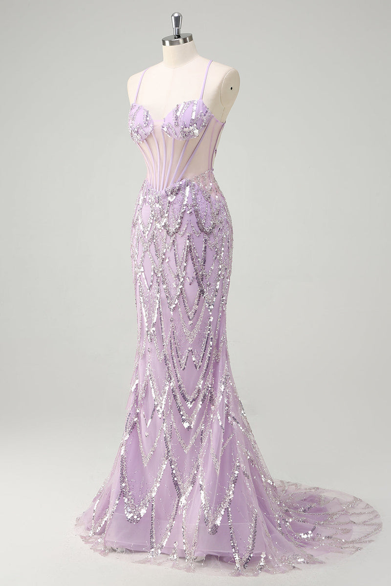 Load image into Gallery viewer, Lilac Mermaid Spaghetti Straps Corset Sequin Long Prom Dress