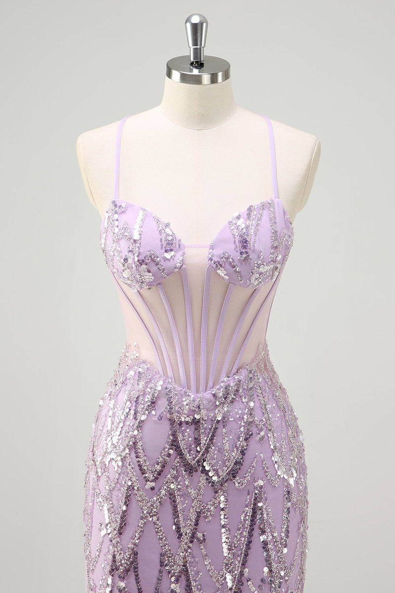 Load image into Gallery viewer, Lilac Mermaid Spaghetti Straps Corset Sequin Long Prom Dress