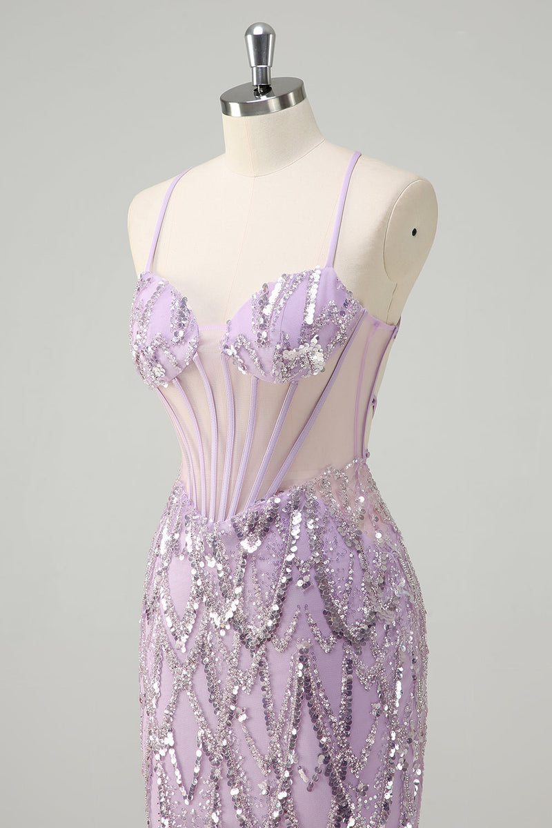 Load image into Gallery viewer, Lilac Mermaid Spaghetti Straps Corset Sequin Long Prom Dress